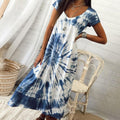 Chic Tie Dye Print Rounded V-Neckline Short Sleeve Maxi Dress