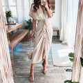 Apricot Vintage Plain Short Sleeve Midi Dress With Belt
