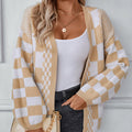 Women's Autumn/Winter New Colorblock Plaid Knit Cardigan Sweater