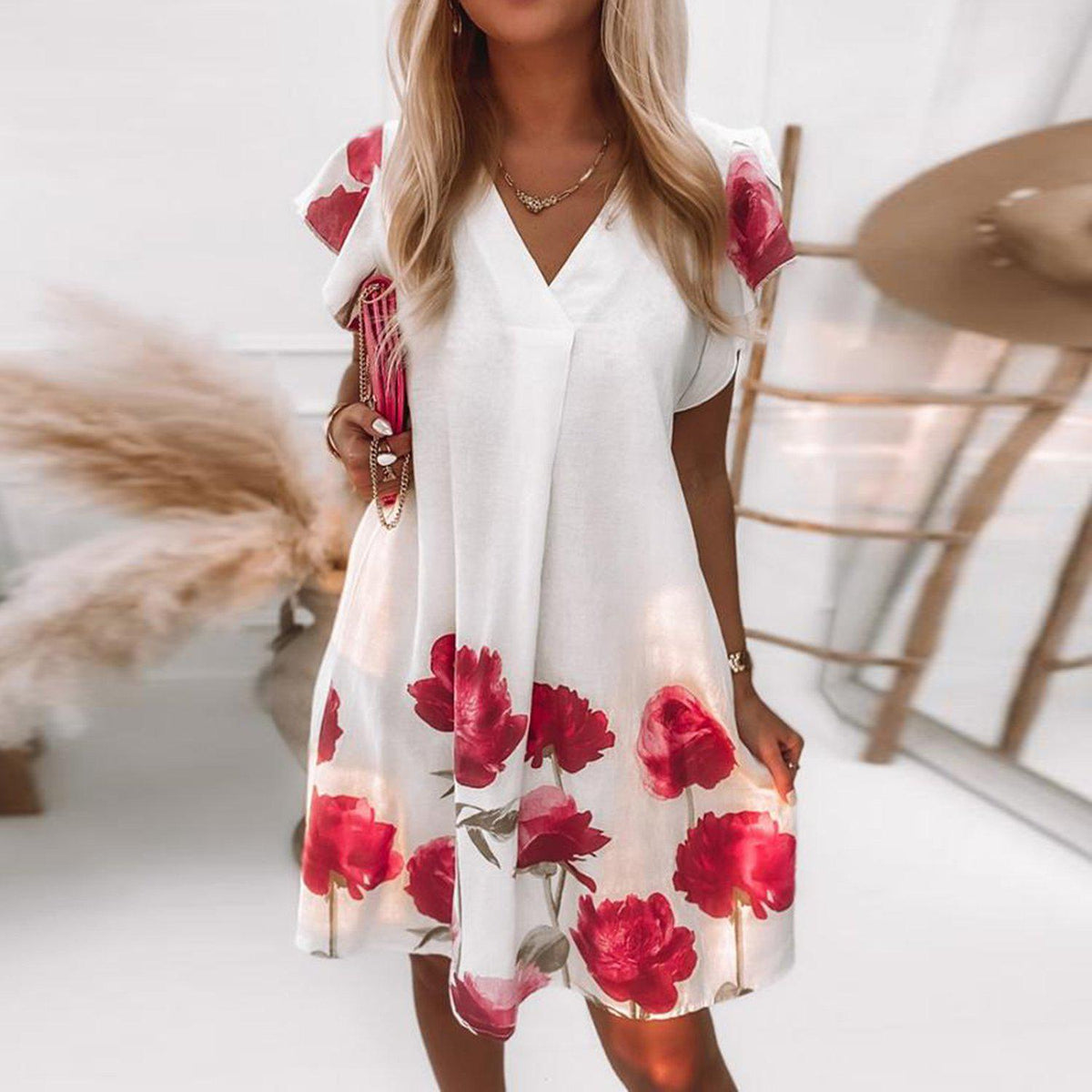 Elegant Print Short Sleeve Mini Dress