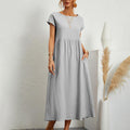 Women‘s Long Dress Solid Color Round Neck Tie Pockets