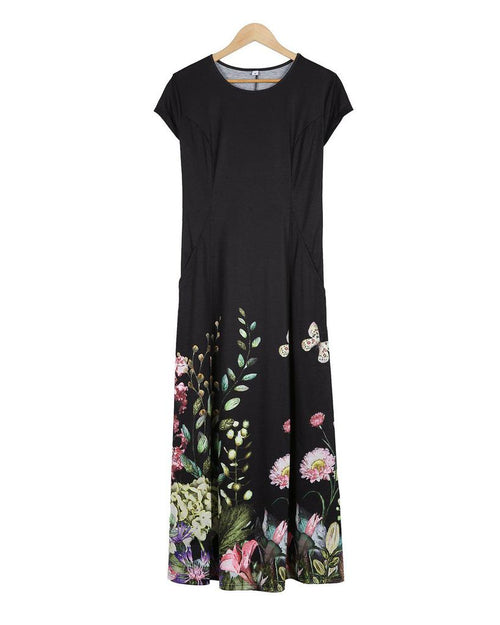 Attractive Black Short Sleeve Printed Midi Dress