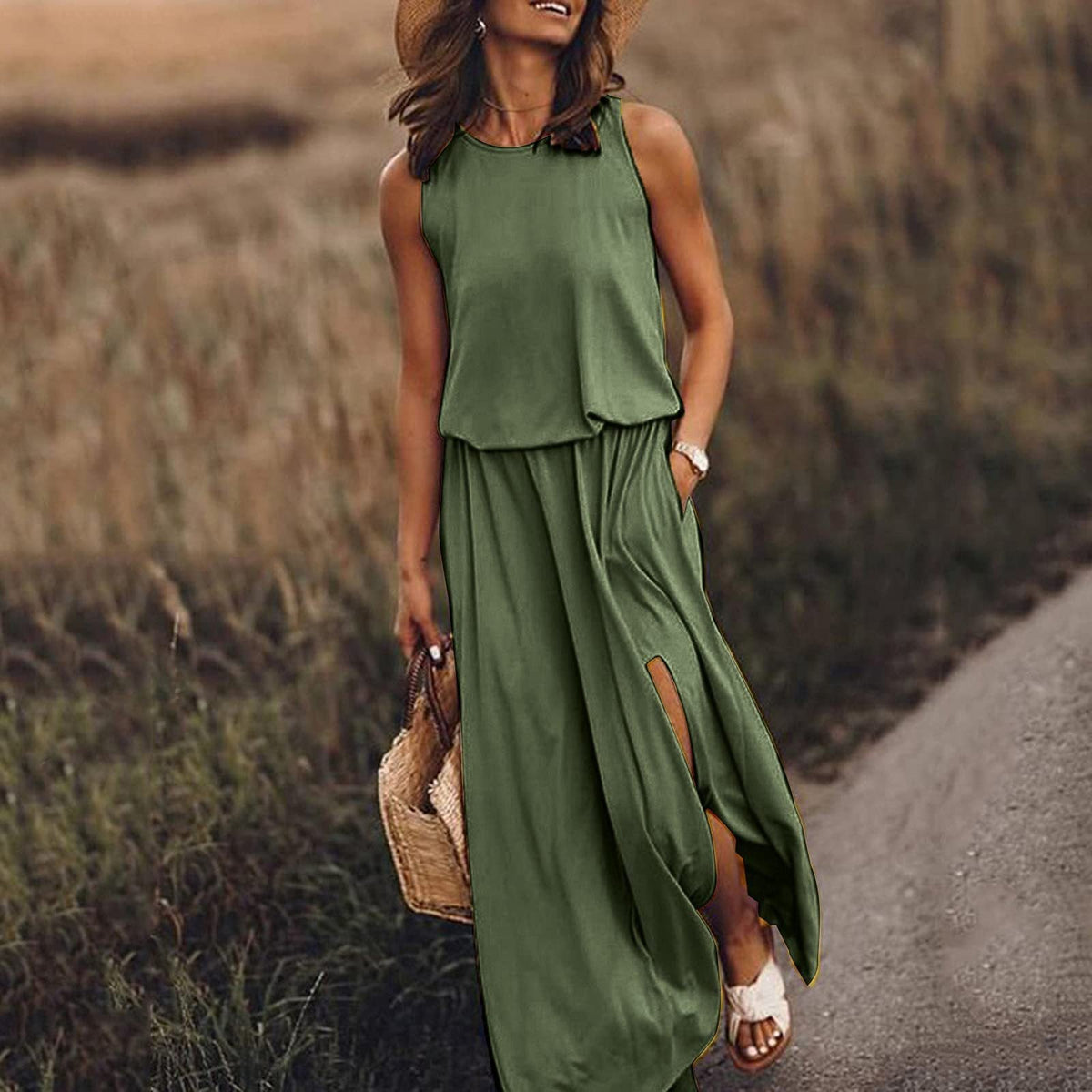 High Waist Split Maxi Long Dress with Pockets