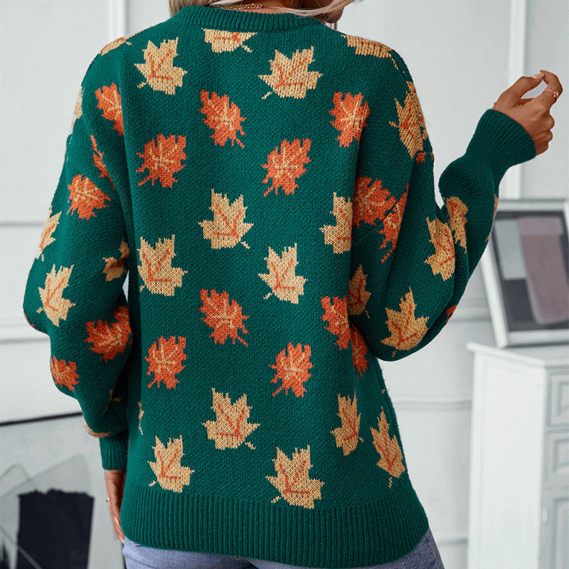 Maple Leaf Pattern Jacquard Casual Pullover Sweater for Women