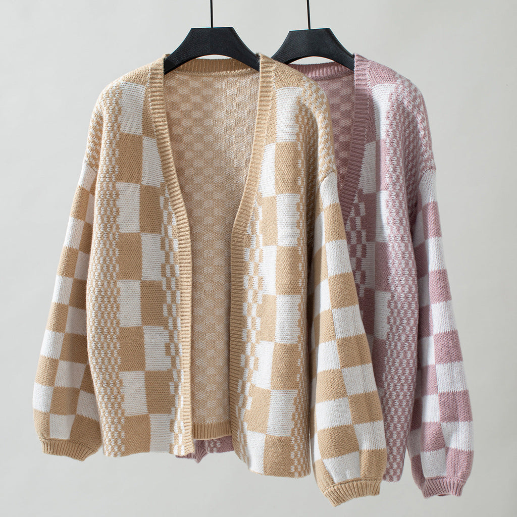 Women's Autumn/Winter New Colorblock Plaid Knit Cardigan Sweater
