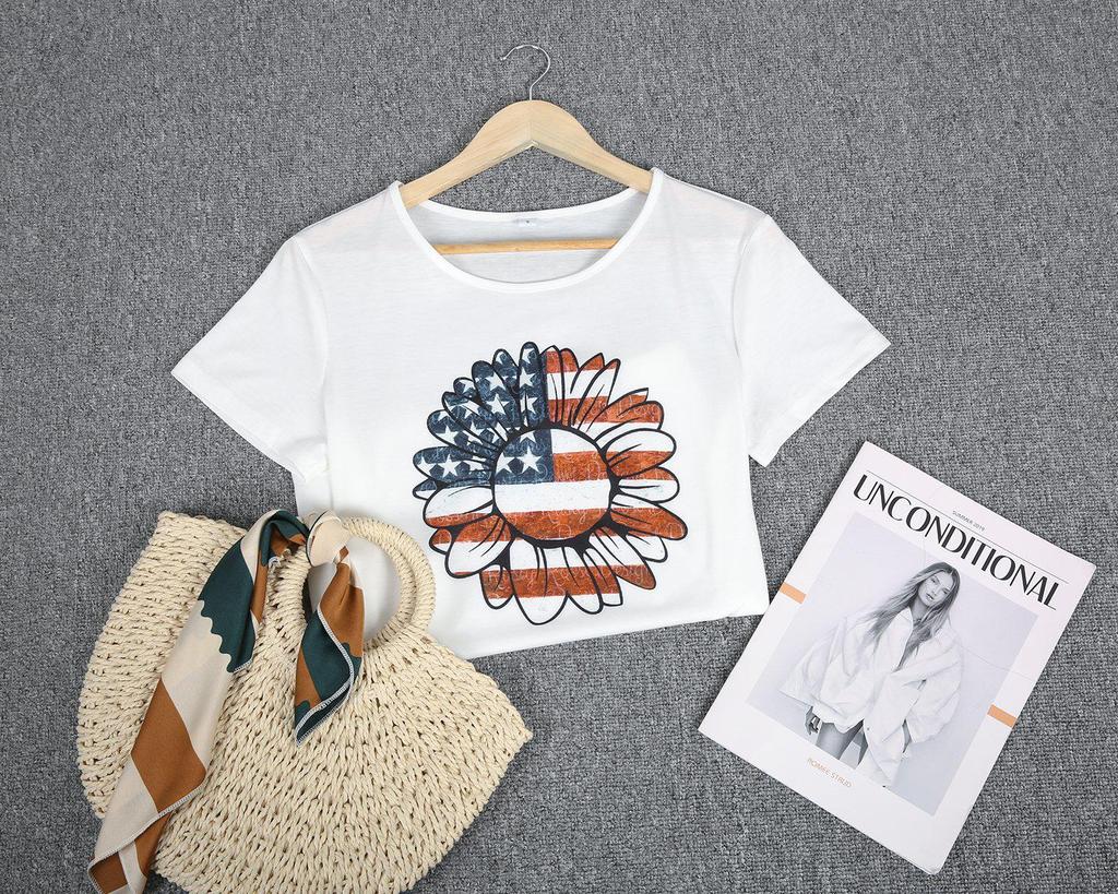 White Patriot Print Short Sleeve Top