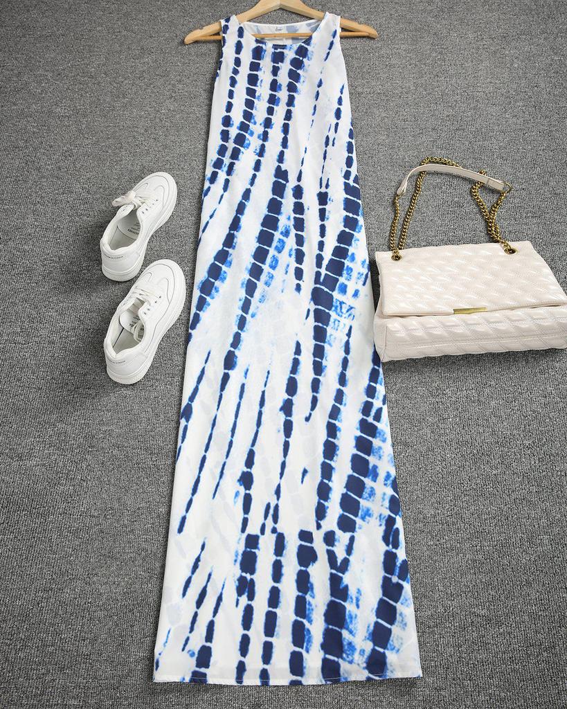 Fresh Spot Print Round Neck Sleeveless Maxi Dress